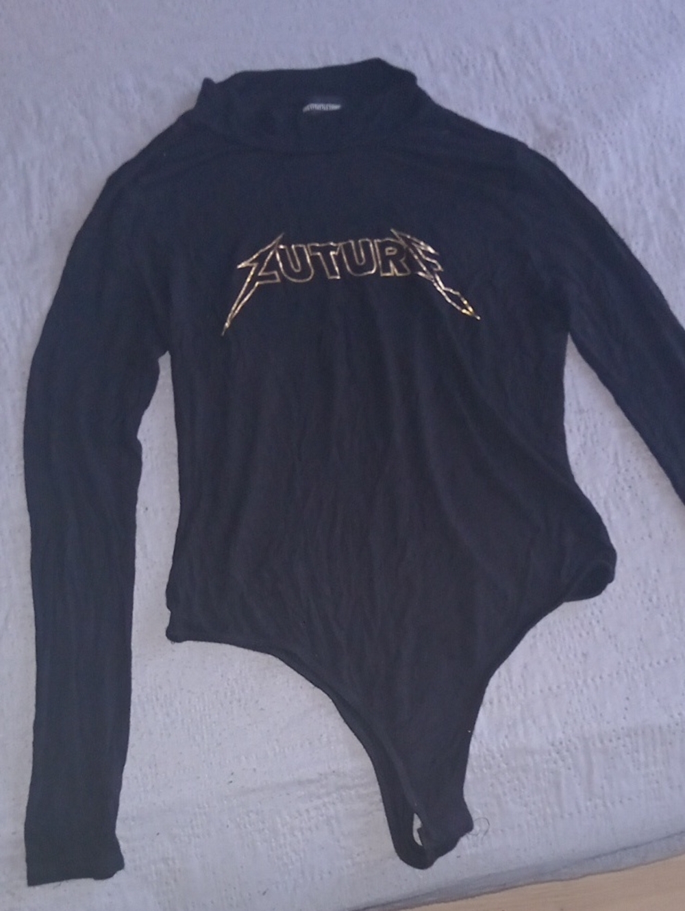 PrettyLittleThing Black Long Sleeve Bodysuit with Gold 'FUTURE' Logo
